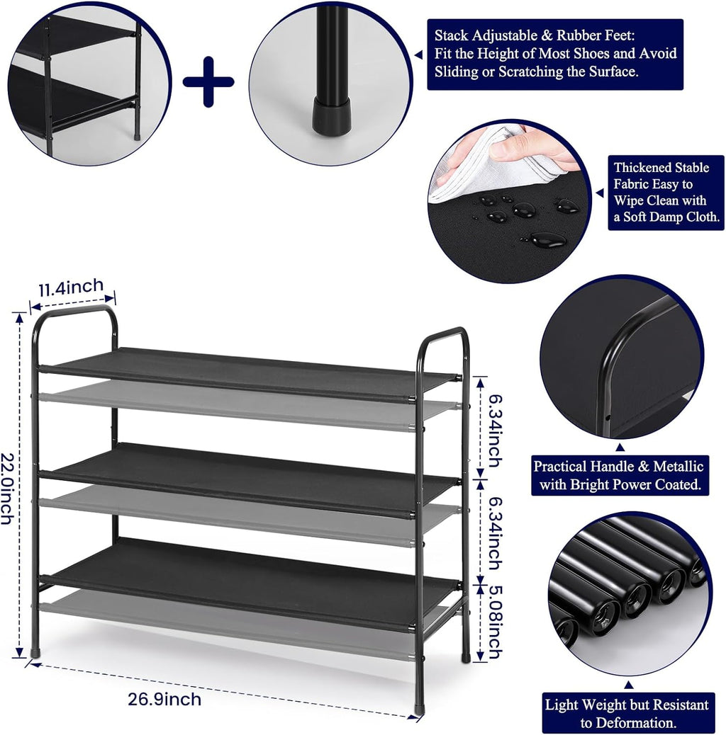 3 Tier Free Standing Shoe Rack, Metal Shoe Storage Shelf for 9-12 Pairs, Easy to Assemble, Entryway, Bedroom, Black