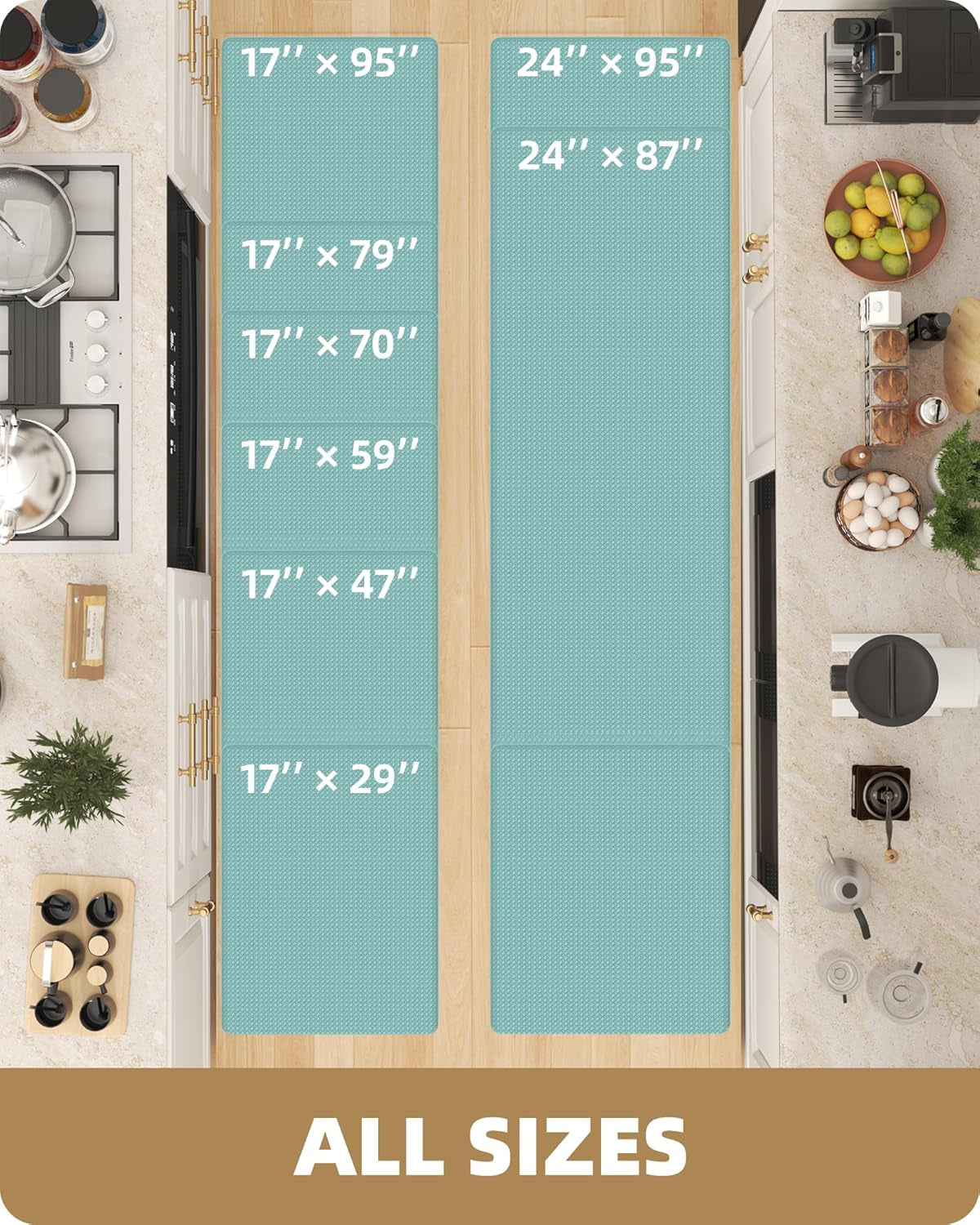 anti Fatigue Cushion Kitchen Mat for Floor -17"X59",Easy Clean, Water & Oil Proof, anti Slip, Foam Rubber Runner Rug for Front Sink Comfort Standing,Teal