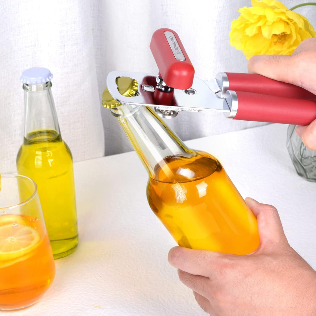 Can Opener Manual Portable Handheld Heavy Duty Hand Can Opener Smooth Edge, Comfortable Grip Safety Can Openers, Sharp Cutting Wheel, Easy Turn Knob, Built in Bottle Opener(Red)
