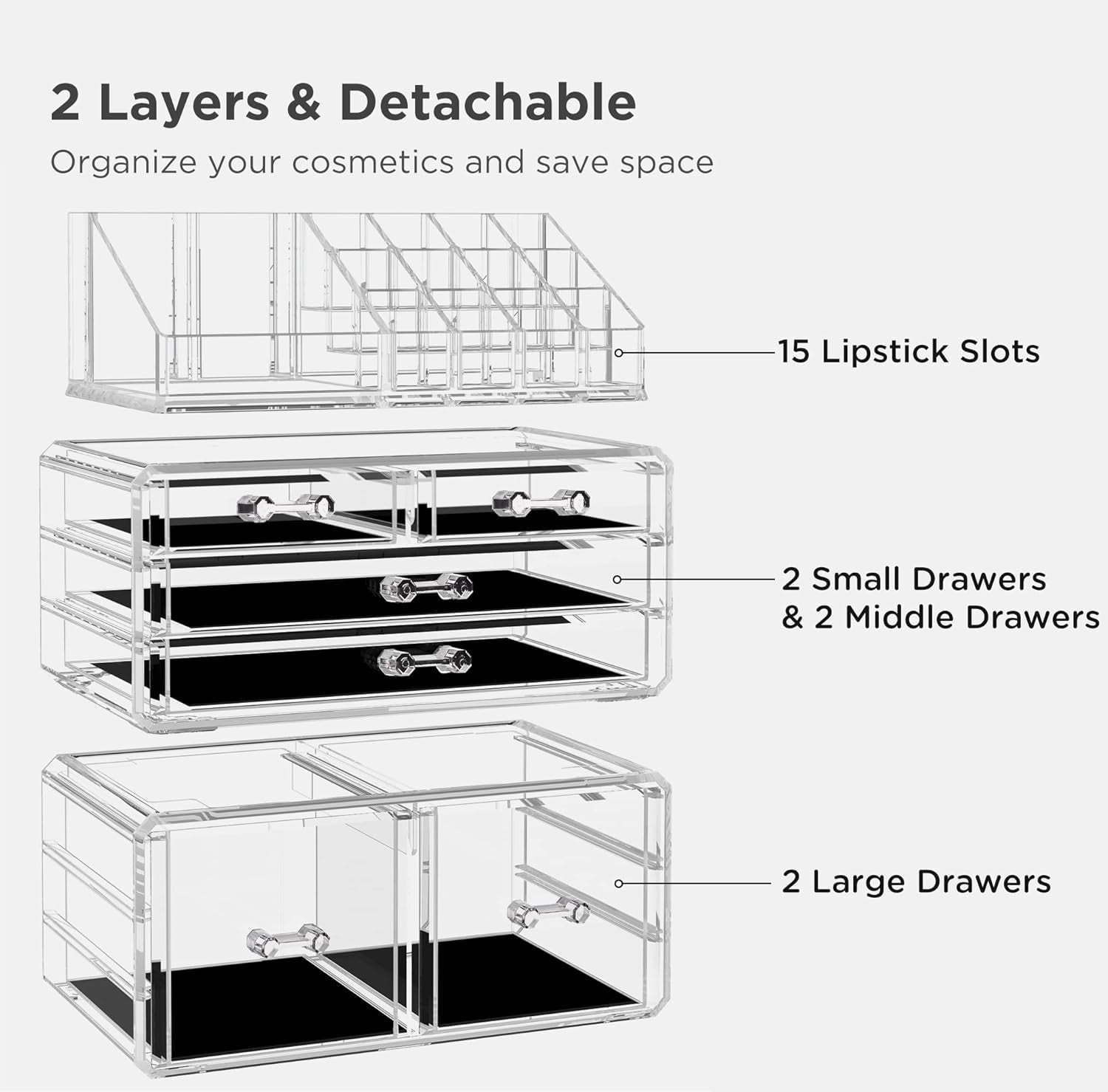 Acrylic Clear Dustproof Makeup Storage Organizer Drawers Large Skin Care Cosmetic Display Cases for Bathroom Stackable Storage Box with 6 Drawers for Vanity