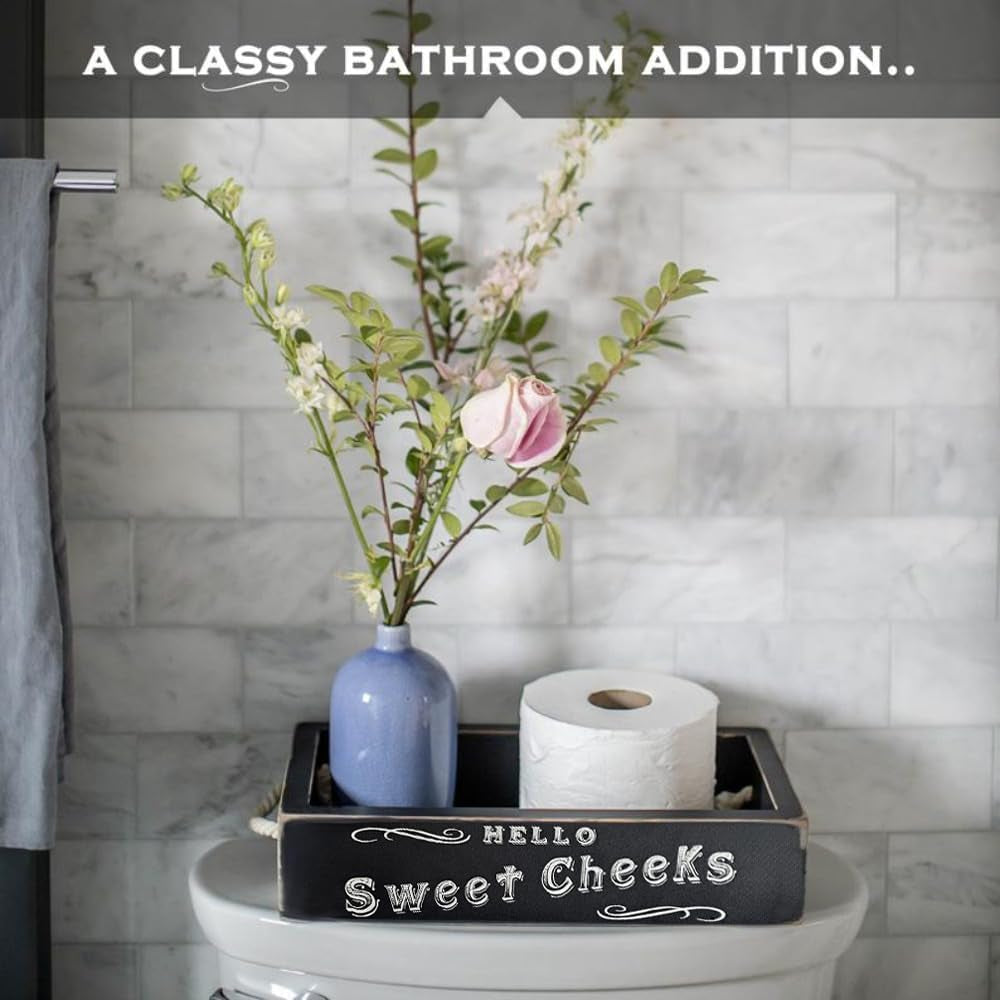 Hello Sweet Cheeks Bathroom Decor Box, One Box with Design on 2 Sides Farmhouse Bathroom Decor Toilet Organizer