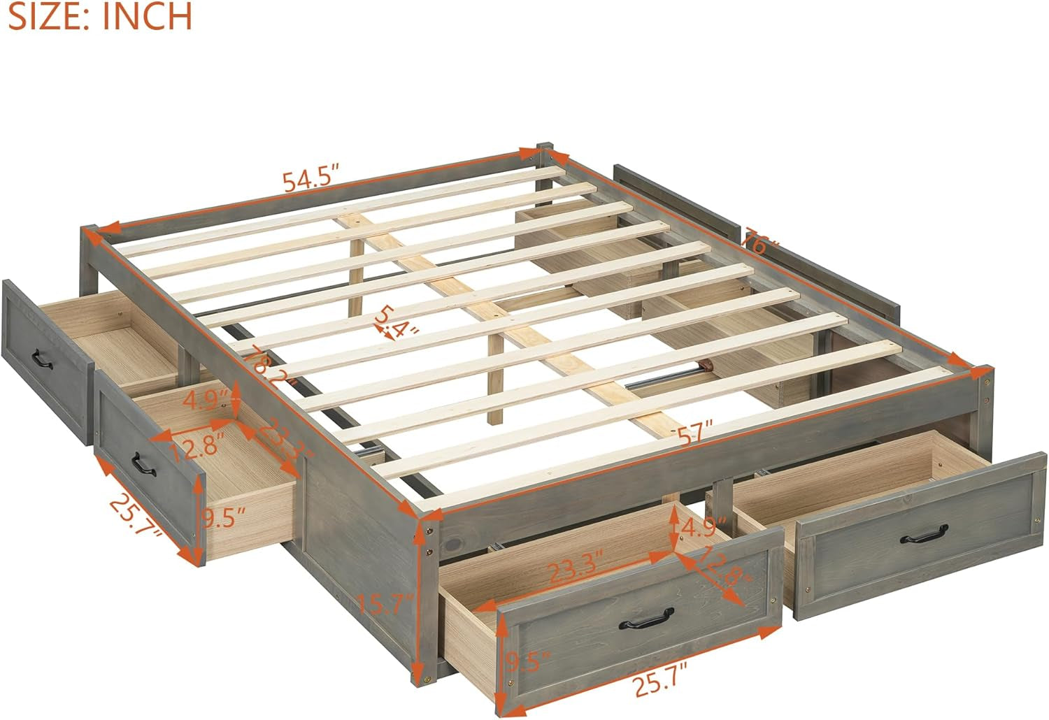 Full Size Platform Bed, Wooden Full Bed with 6 Storage Drawers, Antique Gray