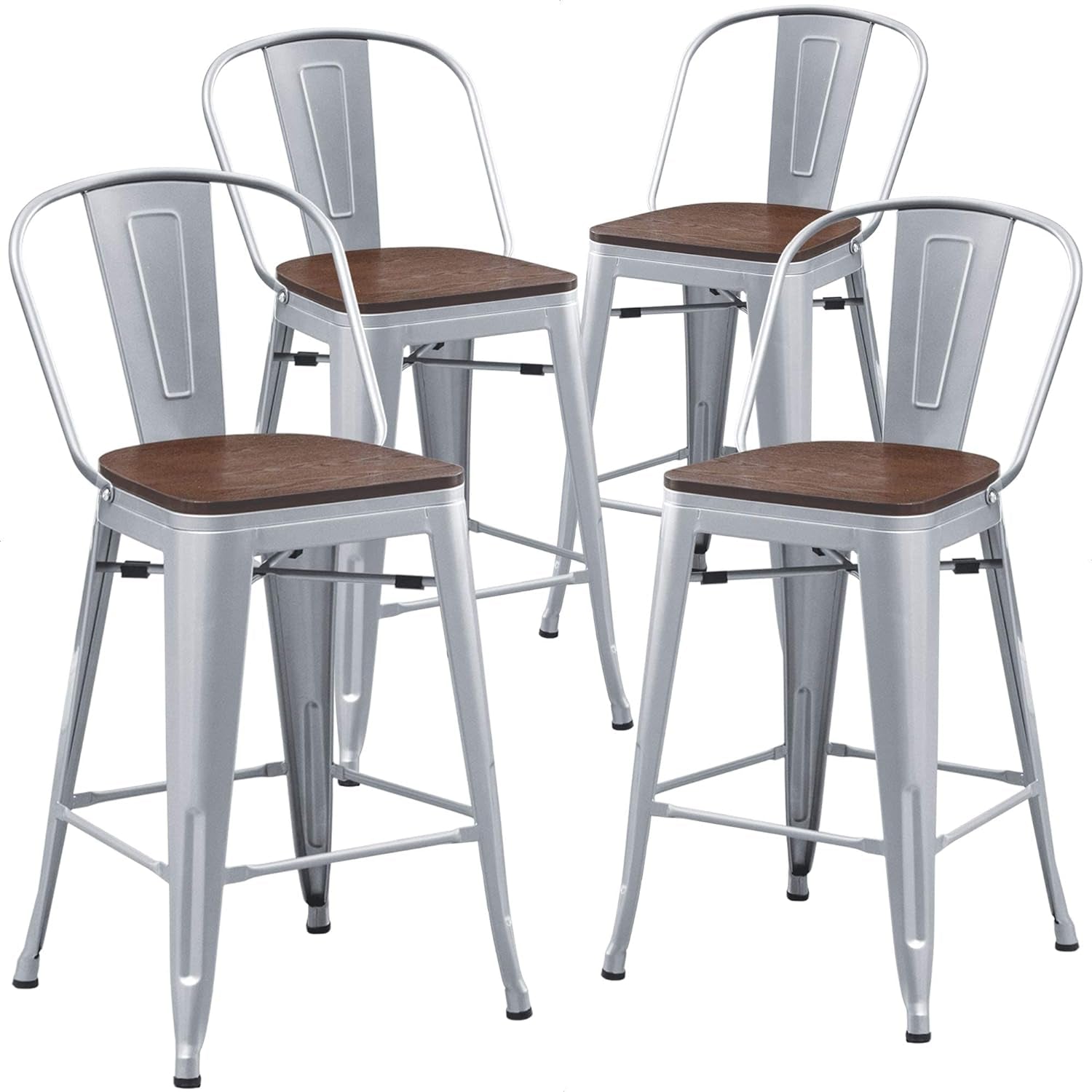 Metal Bar Stools Set of 4,24 Inch Barstools Counter Height Bar Stool with Backs Farmhouse Bar Stools with Larger Seat High Back Kitchen Dining Chairs Modern Bar Chairs 24" Silver Stool