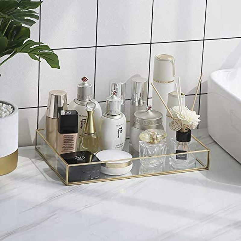 Clear Trays for Organizing,Gold Mirror Tray for Room Decor,Exquisite Perfume Tray,Makeup,Jewelry,Vanity,Dresser Top Perfume Organizer,Clear Rectangle Container and Storage Organizer for Bathroom