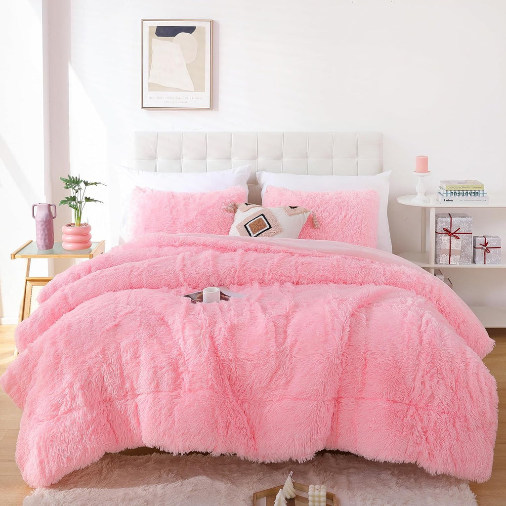 Fluffy Queen Comforter Set, Faux Fur Pink Comforter Set Queen Size, Luxury Fuzzy Bedding Set, Soft Shaggy Bed Set Pink for All Season, 3 Pieces - 1 Comforter & 2 Pillowcases