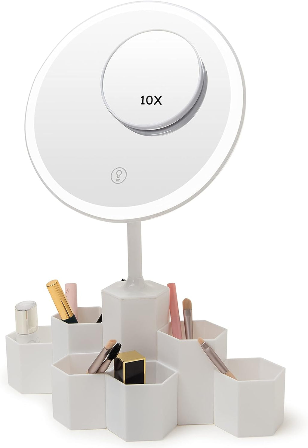 Lighted Table Makeup Mirror with LED Lights, Portable Vanity Desk Mirror with 10X Magnifying，Rechargeable Smart Cosmetic Mirror,White