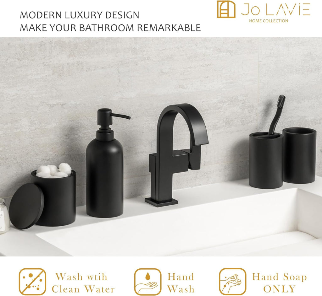 Bathroom Accessory Set - 4 Pcs Matte Black Bathroom Set with Toothbrush Holder, Soap Dispenser, Tumbler & Cotton Swab Jar - Bathroom Vanity Countertop Organizer, Bathroom Decor Sets