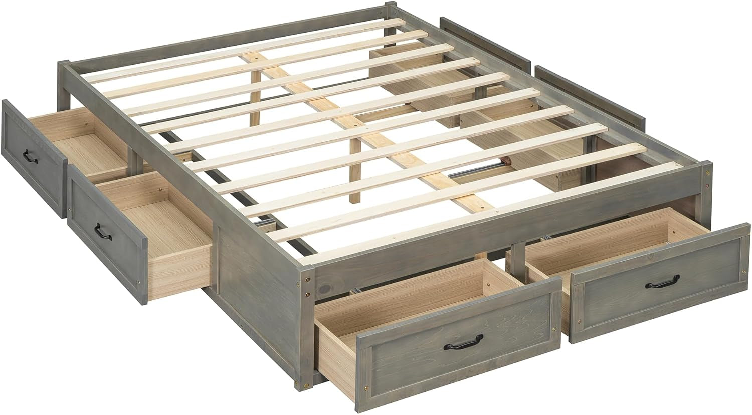 Full Size Platform Bed, Wooden Full Bed with 6 Storage Drawers, Antique Gray