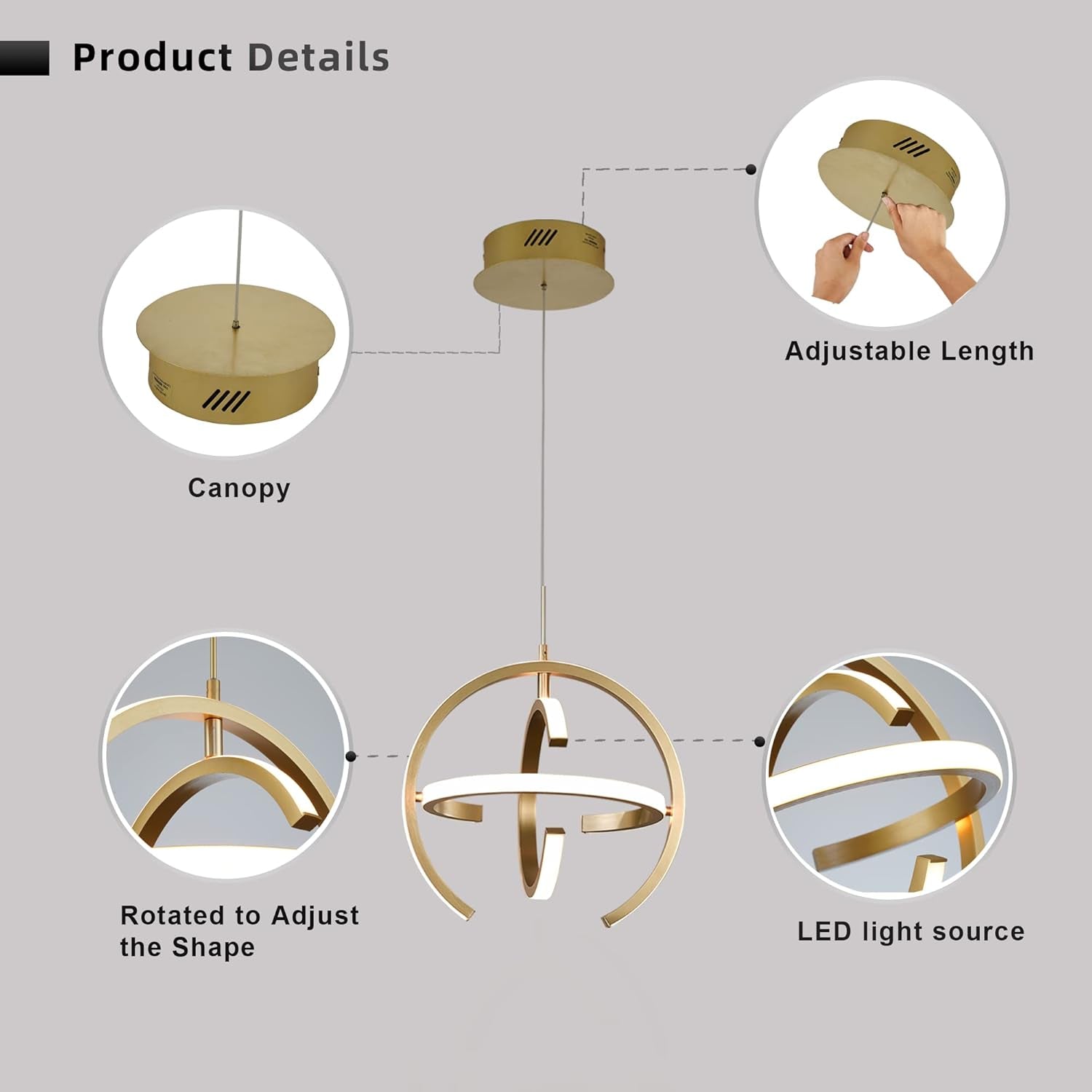 Modern LED Chandelier, Gold Globe Pendant Light Fixtures 4000K Dimmable Indoor Lights 19.2W for Dining Room Kitchen Island Bedroom Living Room Foyer