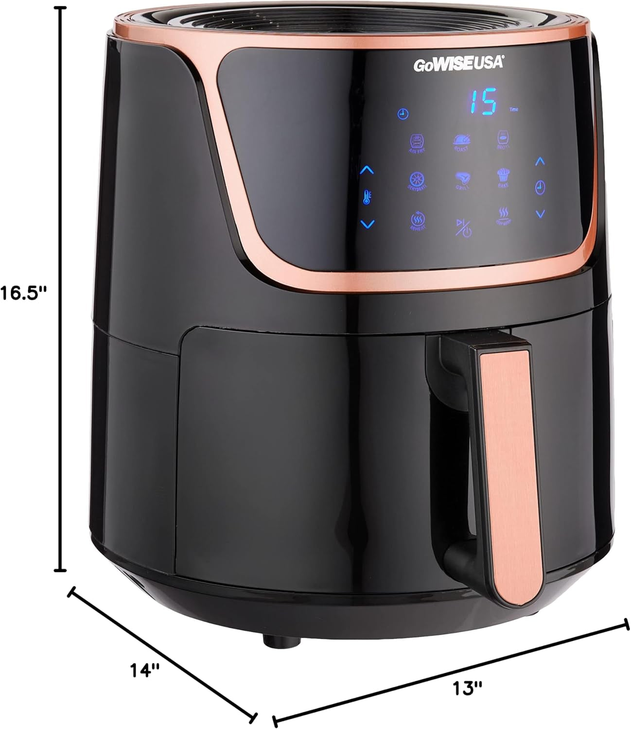 USA GW22955 7-Quart Electric Air Fryer with Dehydrator & 3 Stackable Racks, Digital Touchscreen with 8 Functions + Recipes, 7.0-Qt, Black/Copper