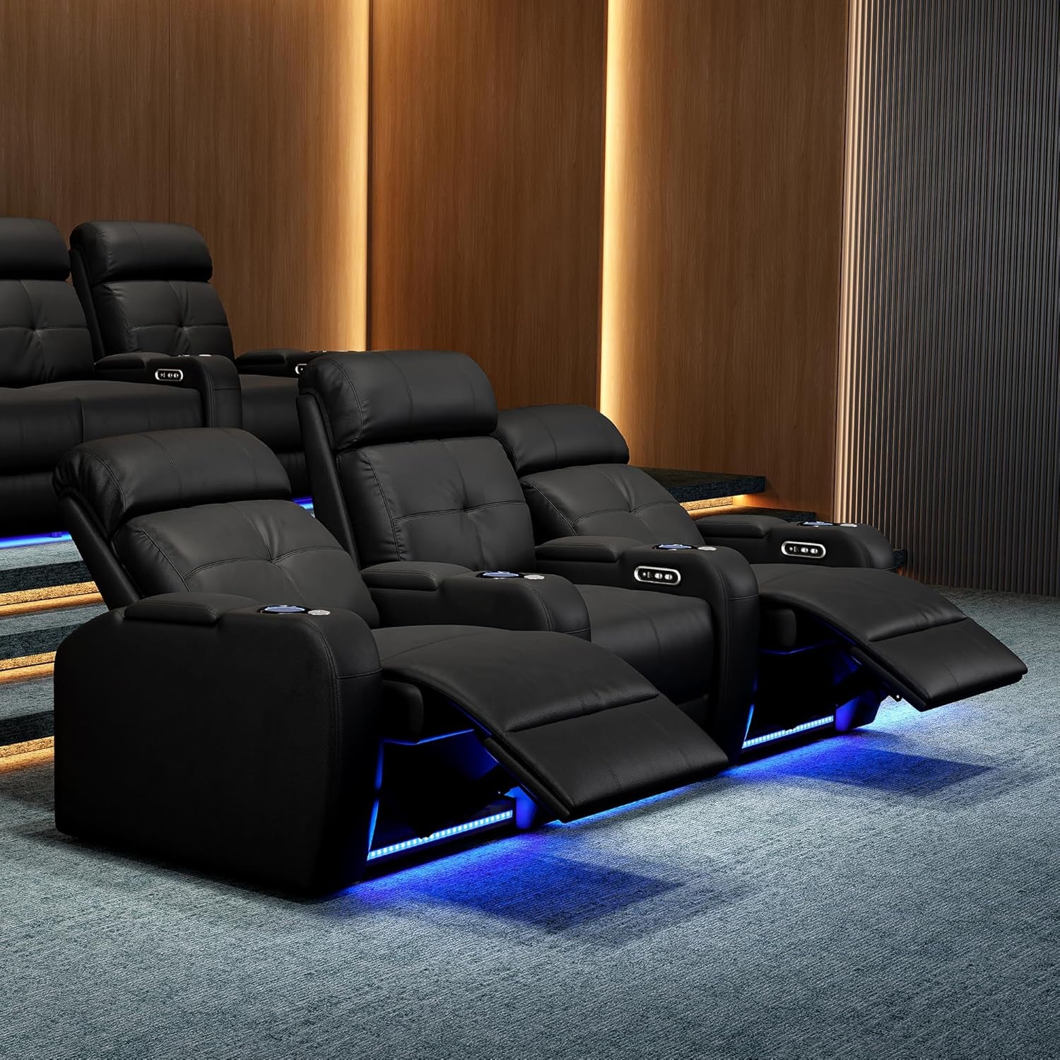 Valencia 2025 Verona Power Headrest Home Theater Seating – Top Grain Nappa Leather 9000 – Power Adjustable Headrest, USB-C Fast Charging, LED Cup Holders (Row of 2, Black)