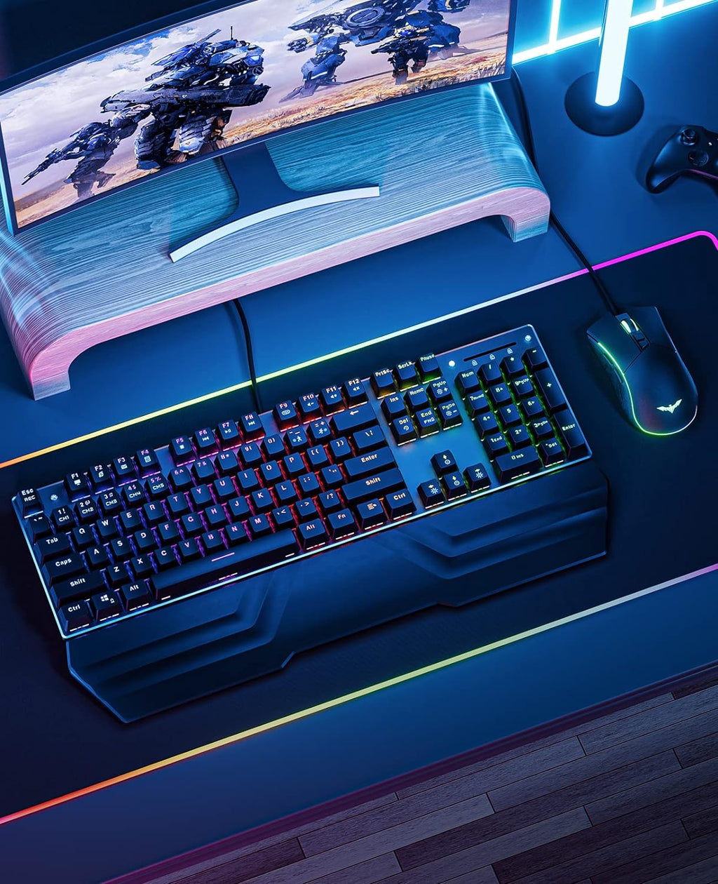 Mechanical Keyboard and Mouse Combo RGB Gaming 104 Keys Blue Switches Wired USB Keyboards with Detachable Wrist Rest, Programmable Gaming Mouse for PC Gamer Computer Desktop (Black)