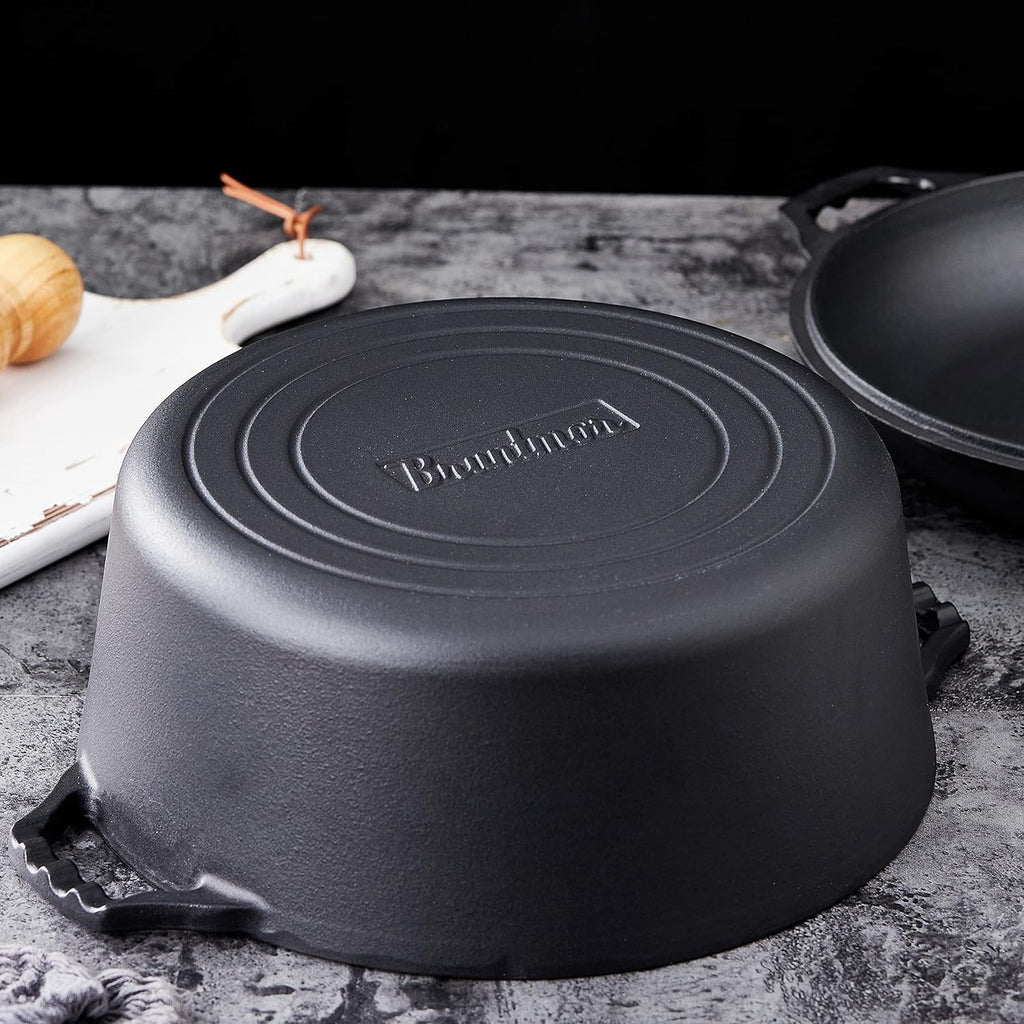 Pre-Seasoned Cast Iron Double Dutch Oven with Skillet Lid - 7 Quart All-In-One Casserole and Braising Pan - Heavy Duty and Oven Safe Black Cookware for Versatile Cooking - 14.7 X 6.9 Inches