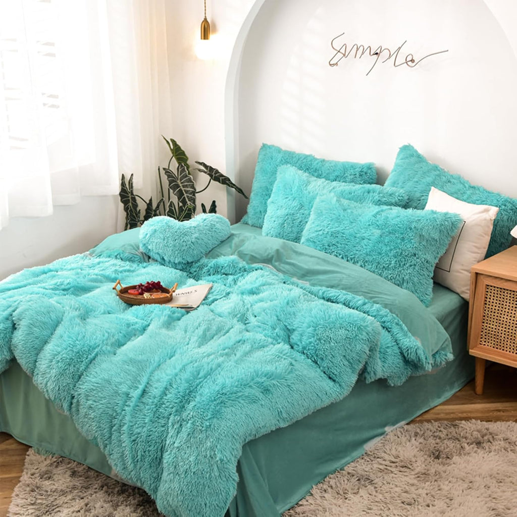 5 PCS Shaggy Duvet Cover Bedding Set - Long Faux Fur Luxury Ultra Soft Cozy (Aqua, King/California King)