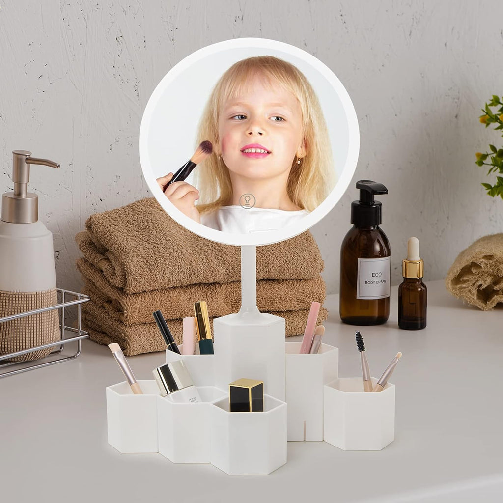Lighted Table Makeup Mirror with LED Lights, Portable Vanity Desk Mirror with 10X Magnifying，Rechargeable Smart Cosmetic Mirror,White
