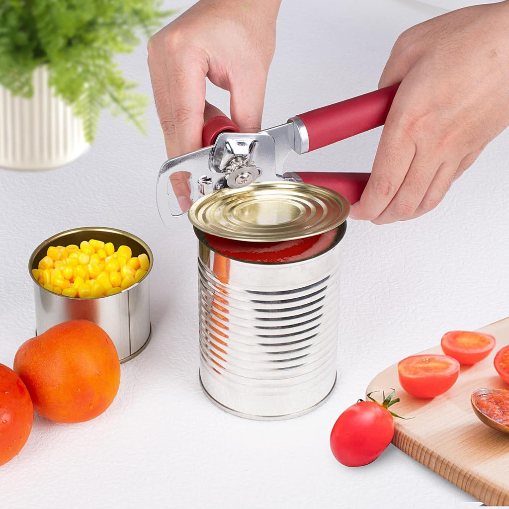 Can Opener Manual Portable Handheld Heavy Duty Hand Can Opener Smooth Edge, Comfortable Grip Safety Can Openers, Sharp Cutting Wheel, Easy Turn Knob, Built in Bottle Opener(Red)
