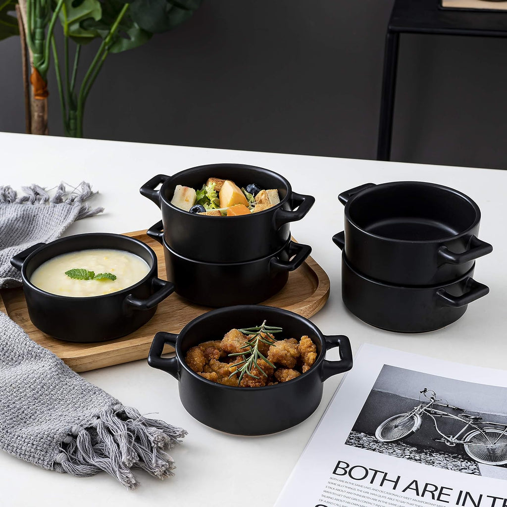 Ceramic Ramekin Set of 6 Serving Plates. 10 Oz Porcelain Baking Skillet for Souffle Dishes with Handles. Safe for Oven, Microwave, Dishwasher. Serving Dish, Matte Black