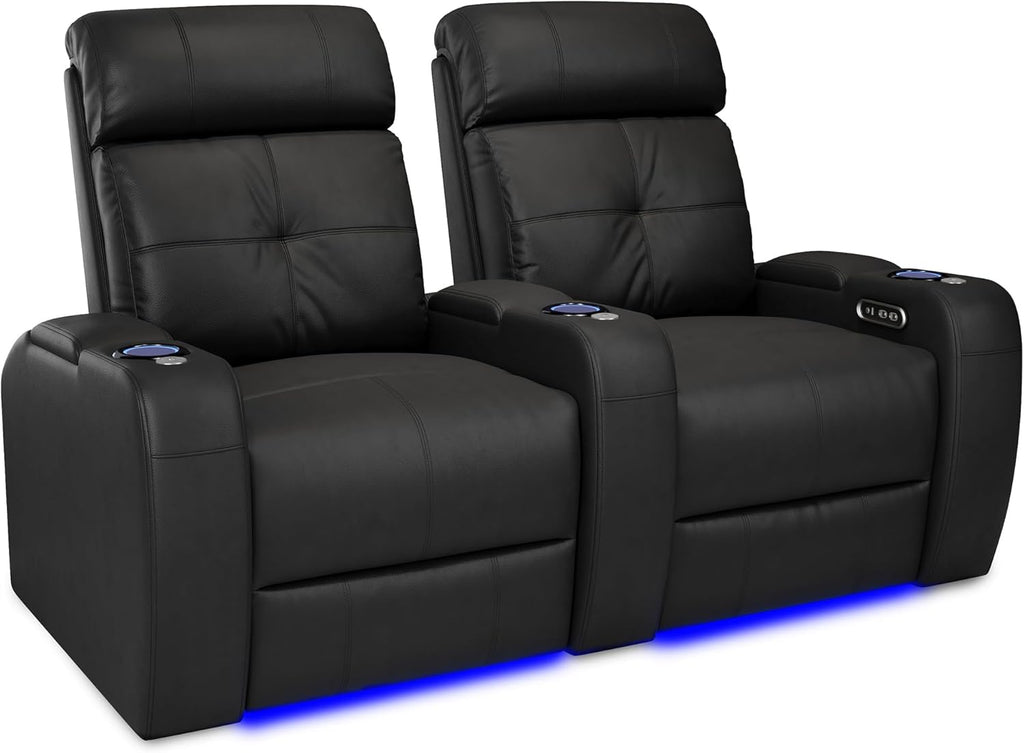 Valencia 2025 Verona Power Headrest Home Theater Seating – Top Grain Nappa Leather 9000 – Power Adjustable Headrest, USB-C Fast Charging, LED Cup Holders (Row of 2, Black)
