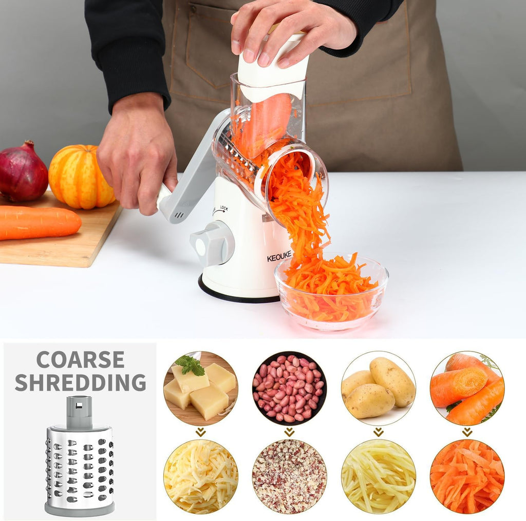Rotary Cheese Grater Hand Crank Cheese Shredder for Fresh Cheese, Vegetable, Nuts,Non-Slip Suction Base, Free Cleaning Brush Three Blades, White