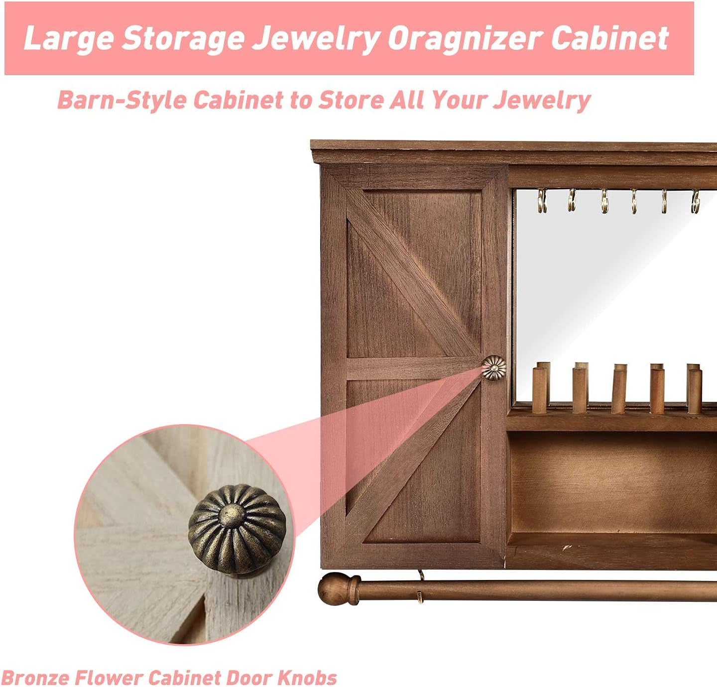 Wall Jewelry Organizer Wall Mounted Necklace Holder Hanging Earring Organizer Wooden Mirror Jewelry Cabinet Makeup and Jewelry Organizer Bracelet Holder Vintage Ring Necklace Holder - Brown