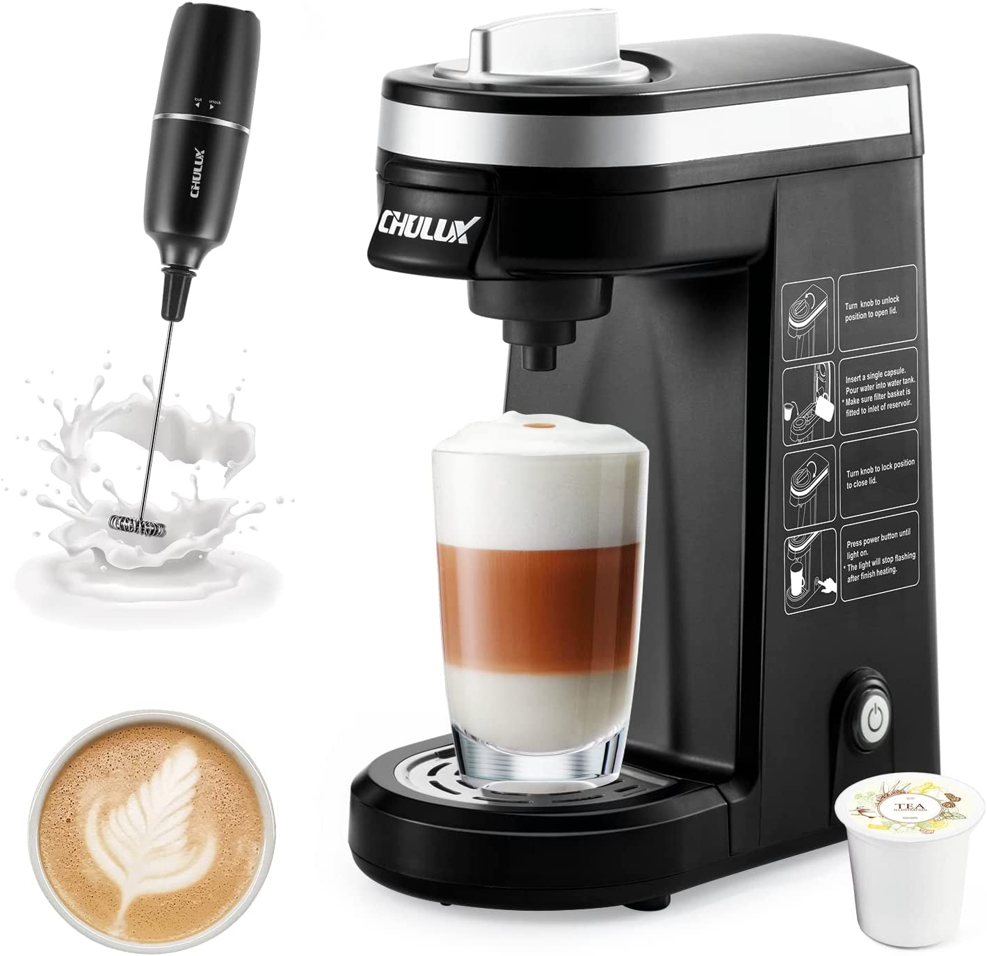 Single Serve Coffee Maker Brewer with Milk Frother,12Oz Personal Coffee Machine for Capsule Pod Ground Coffee,Fast Brew Tech for Coffee or Tea,Black