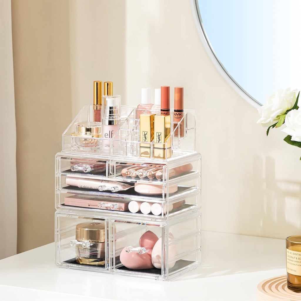 Acrylic Clear Dustproof Makeup Storage Organizer Drawers Large Skin Care Cosmetic Display Cases for Bathroom Stackable Storage Box with 6 Drawers for Vanity