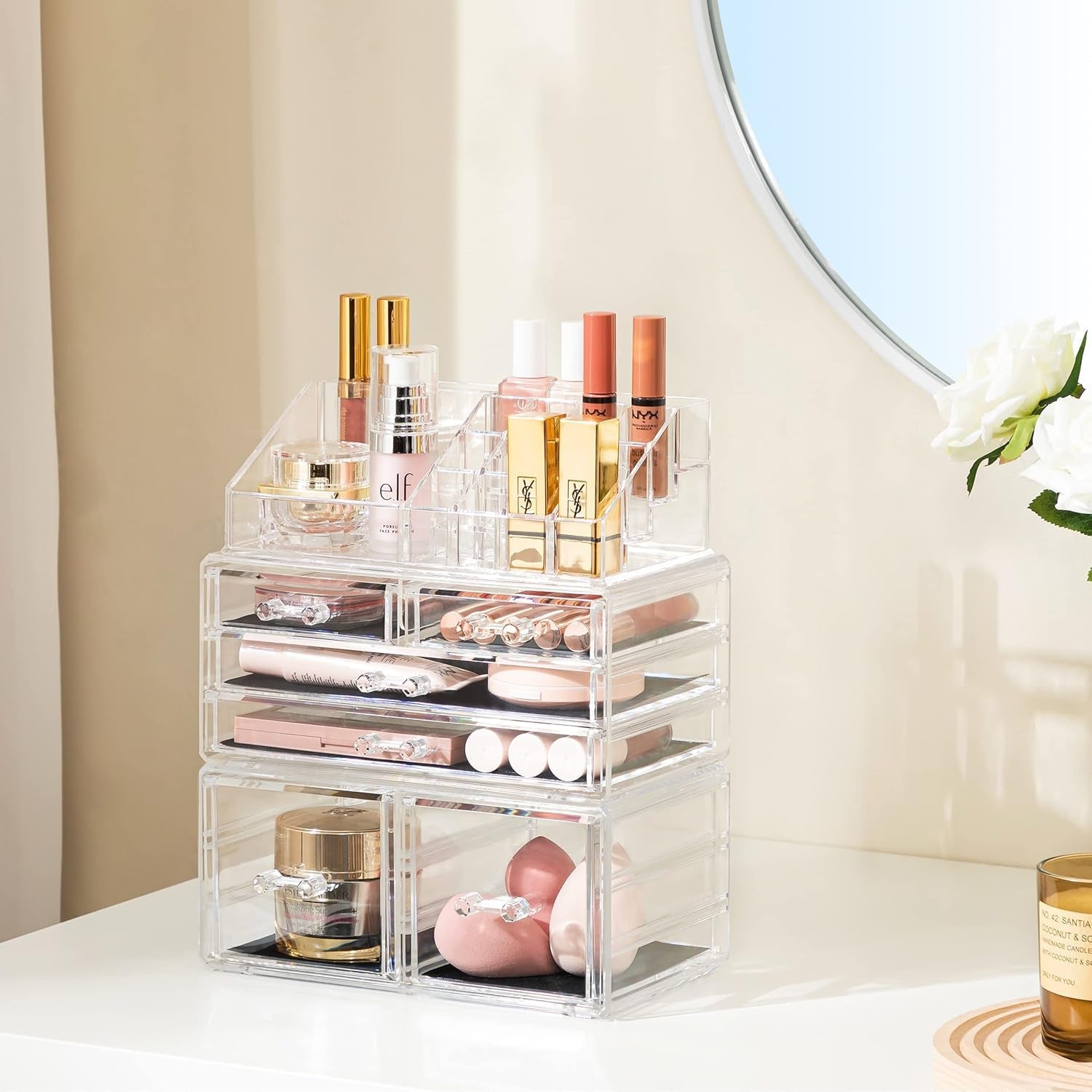 Acrylic Clear Dustproof Makeup Storage Organizer Drawers Large Skin Care Cosmetic Display Cases for Bathroom Stackable Storage Box with 6 Drawers for Vanity