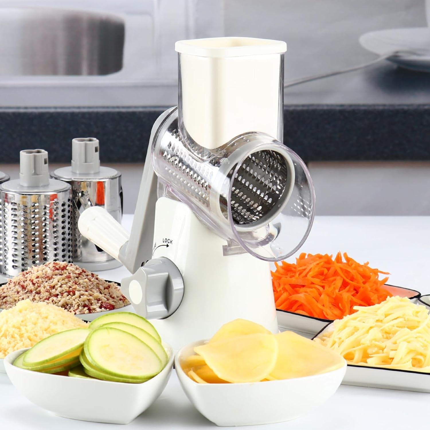 Rotary Cheese Grater Hand Crank Cheese Shredder for Fresh Cheese, Vegetable, Nuts,Non-Slip Suction Base, Free Cleaning Brush Three Blades, White