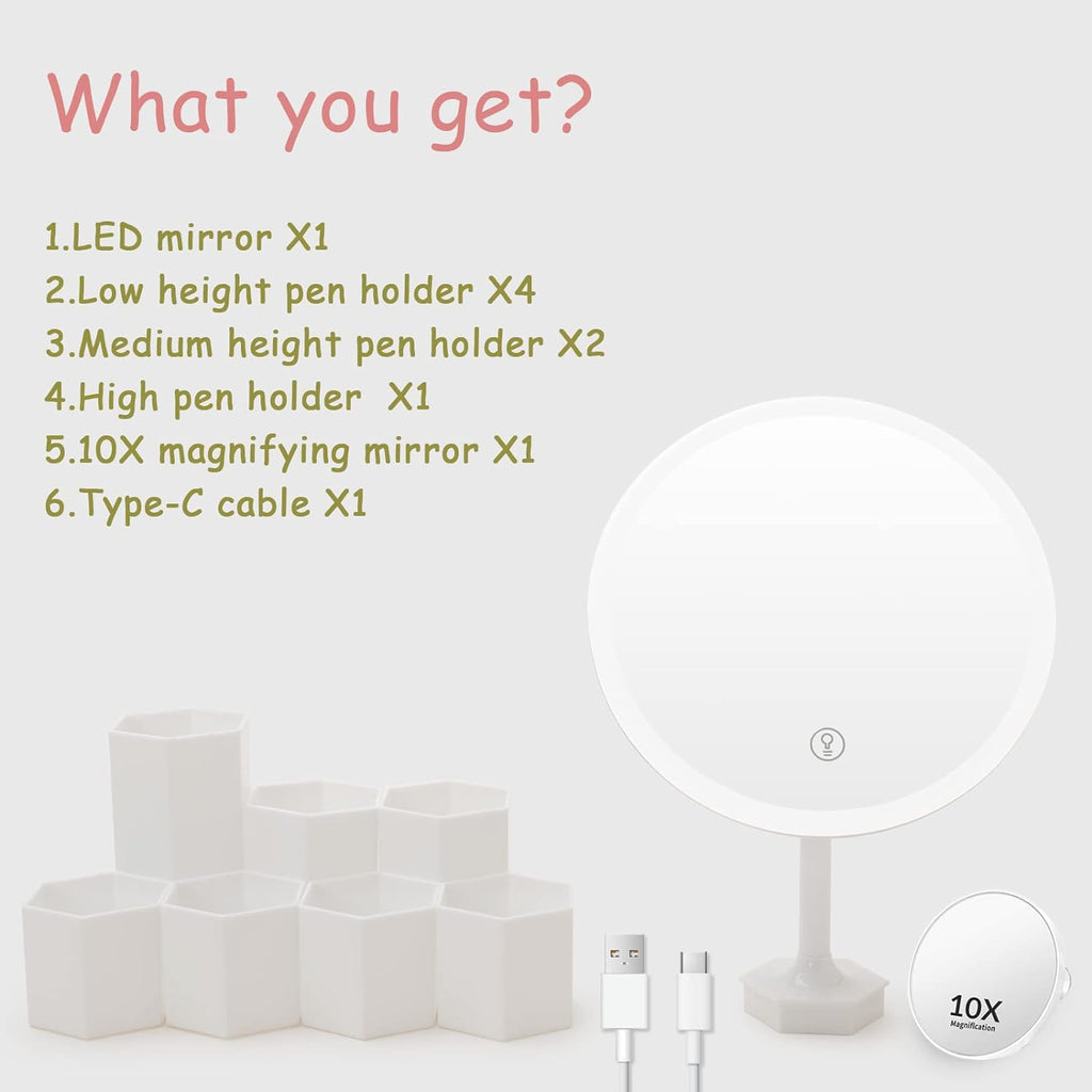 Lighted Table Makeup Mirror with LED Lights, Portable Vanity Desk Mirror with 10X Magnifying，Rechargeable Smart Cosmetic Mirror,White