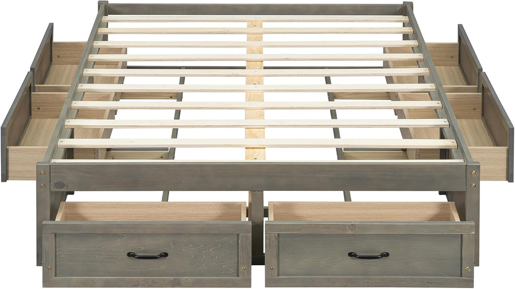 Full Size Platform Bed, Wooden Full Bed with 6 Storage Drawers, Antique Gray