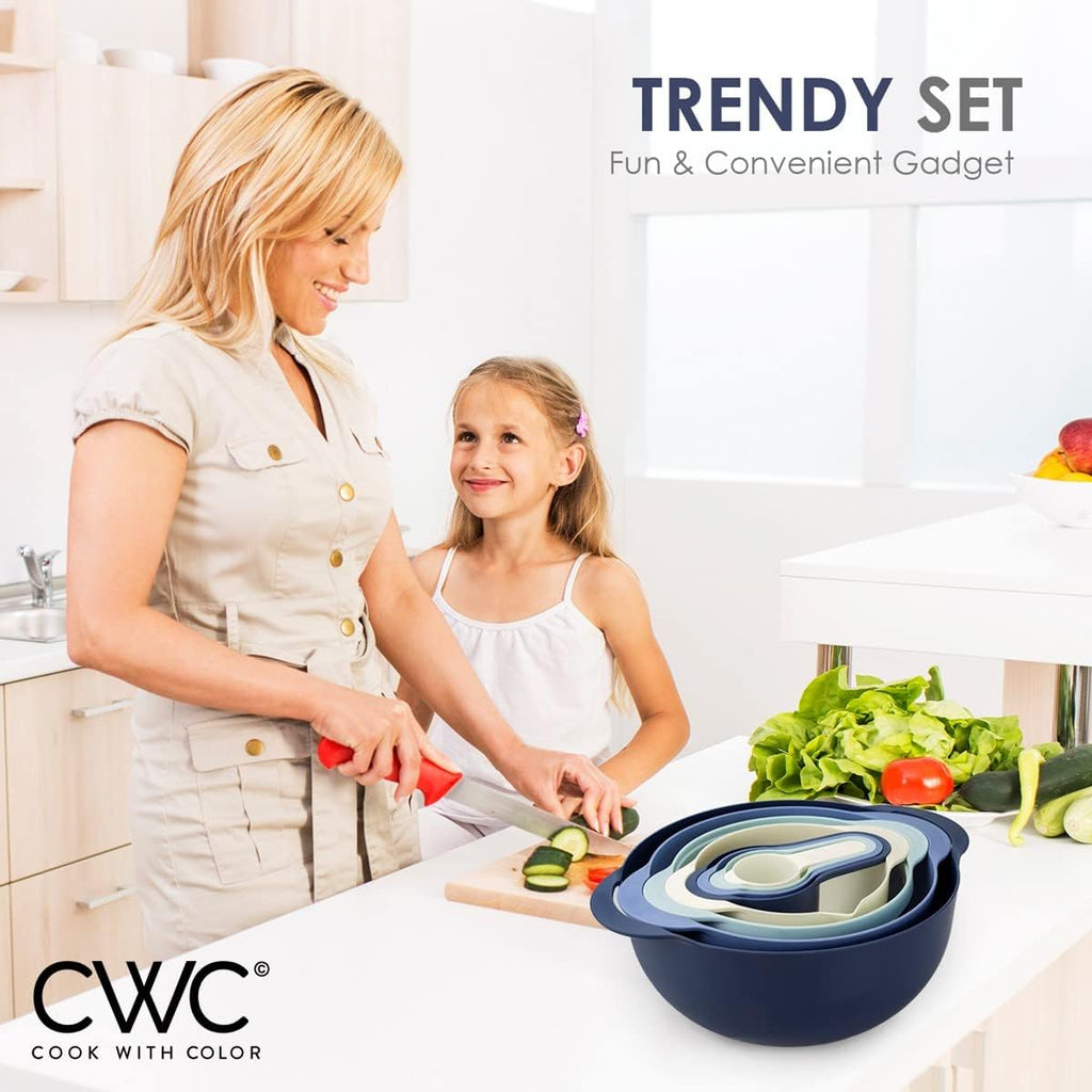 Nesting Bowls with Measuring Cups Colander and Sifter Set - Includes Mixing Bowls, Colander, Sifter and Measuring Cups, Blue Ombre, 8 Pc Bowl