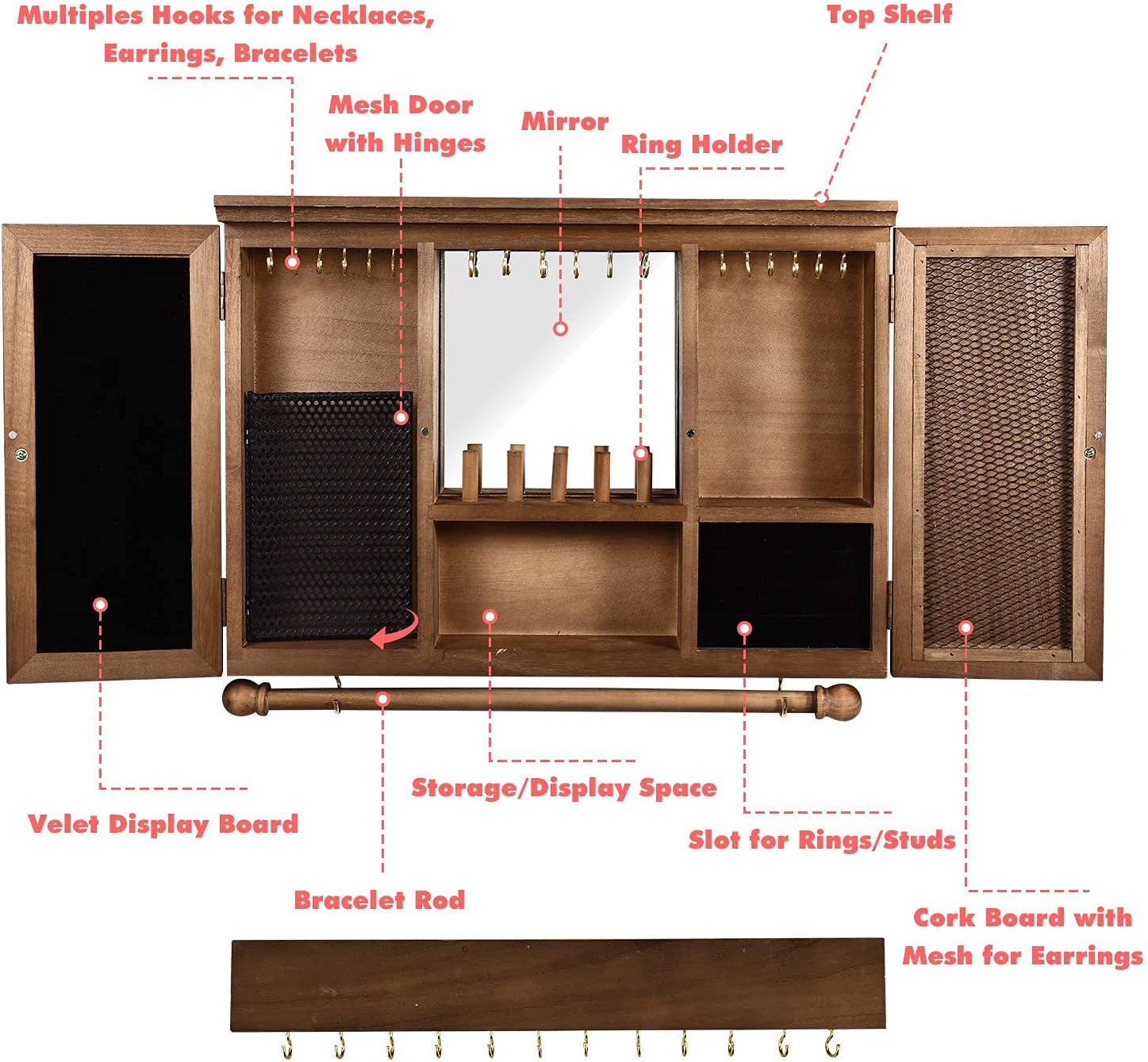 Wall Jewelry Organizer Wall Mounted Necklace Holder Hanging Earring Organizer Wooden Mirror Jewelry Cabinet Makeup and Jewelry Organizer Bracelet Holder Vintage Ring Necklace Holder - Brown