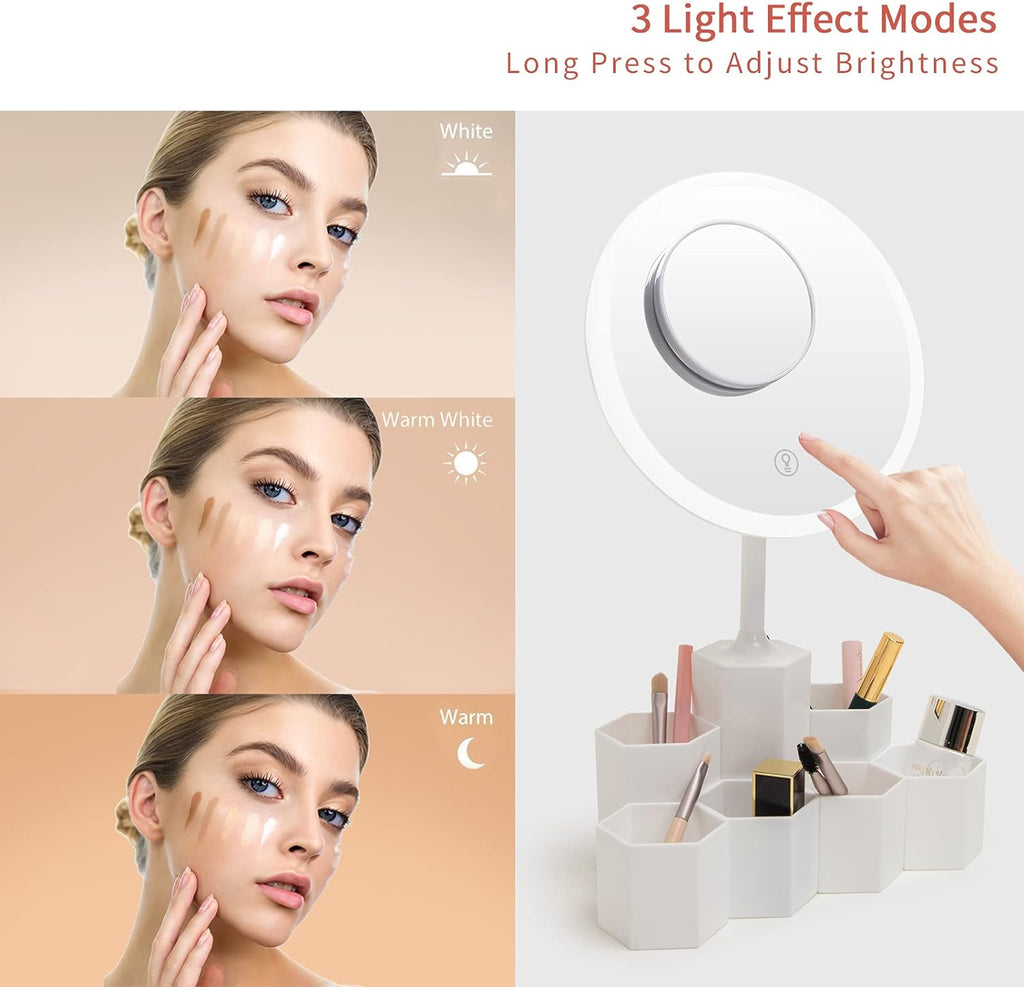 Lighted Table Makeup Mirror with LED Lights, Portable Vanity Desk Mirror with 10X Magnifying，Rechargeable Smart Cosmetic Mirror,White