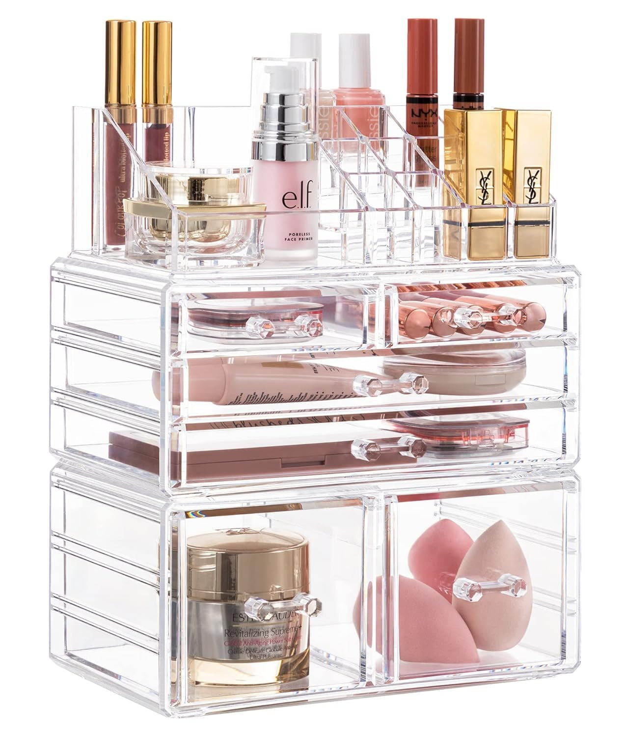 Acrylic Clear Dustproof Makeup Storage Organizer Drawers Large Skin Care Cosmetic Display Cases for Bathroom Stackable Storage Box with 6 Drawers for Vanity