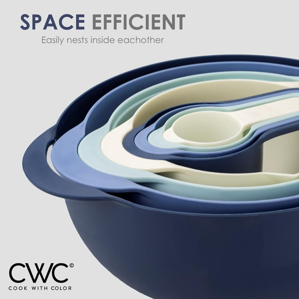 Nesting Bowls with Measuring Cups Colander and Sifter Set - Includes Mixing Bowls, Colander, Sifter and Measuring Cups, Blue Ombre, 8 Pc Bowl