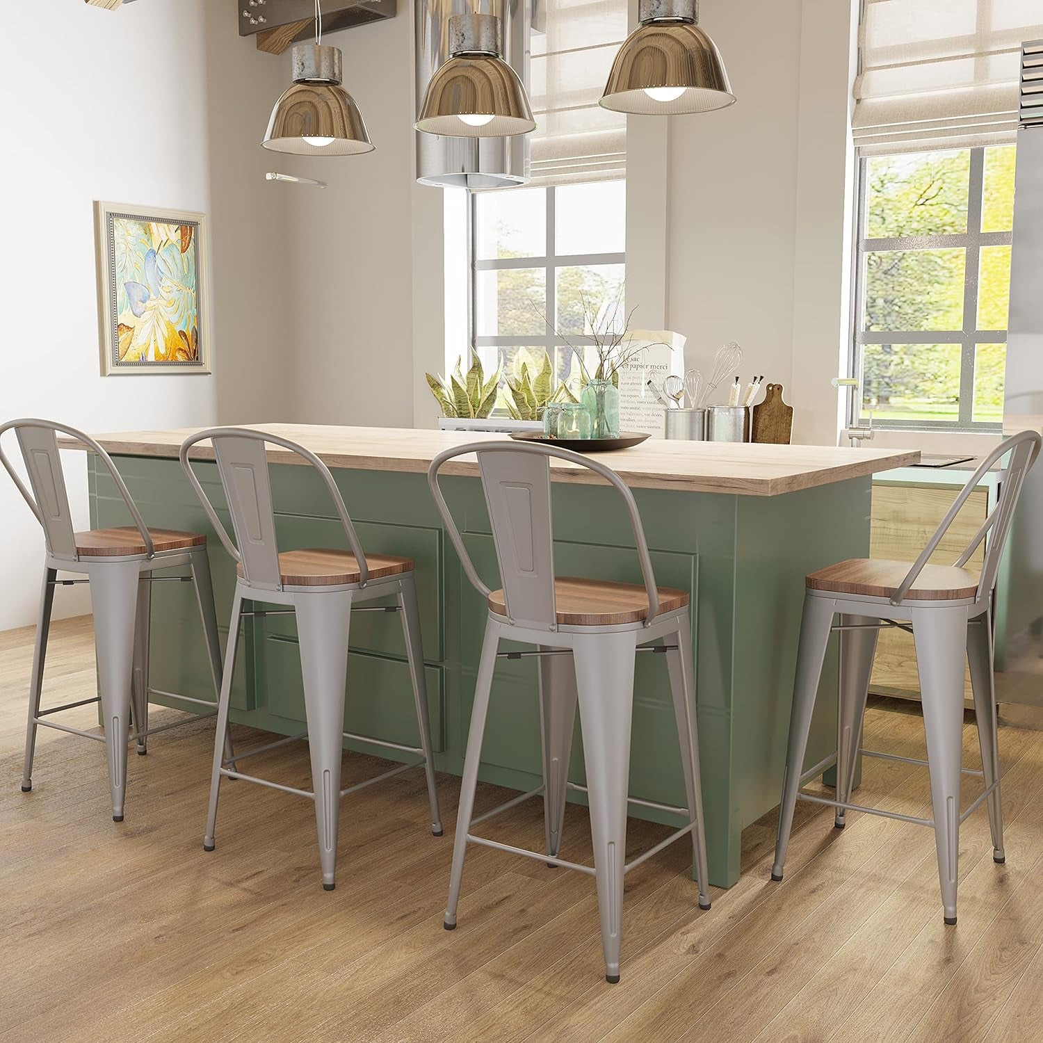 Metal Bar Stools Set of 4,24 Inch Barstools Counter Height Bar Stool with Backs Farmhouse Bar Stools with Larger Seat High Back Kitchen Dining Chairs Modern Bar Chairs 24" Silver Stool