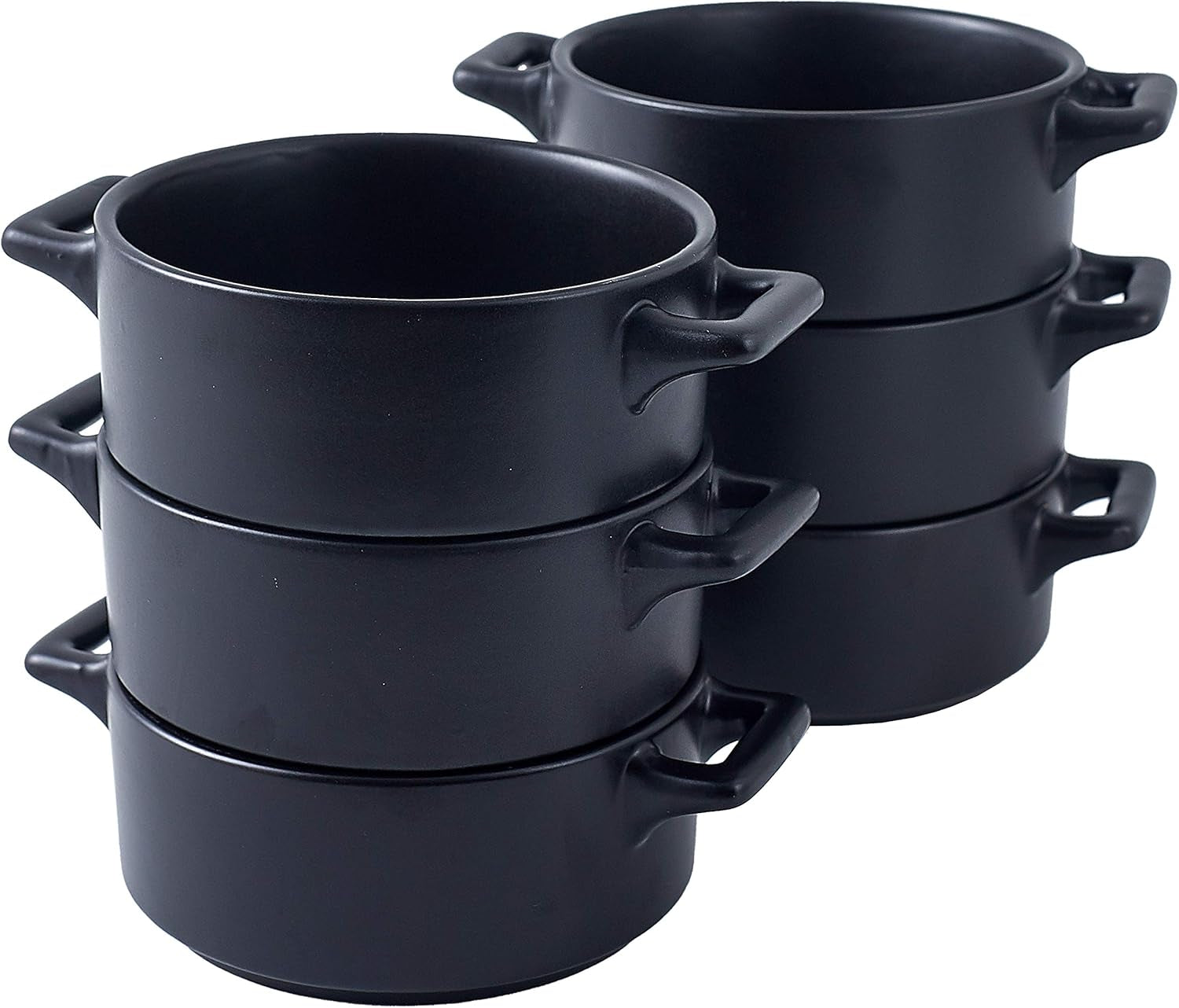 Ceramic Ramekin Set of 6 Serving Plates. 10 Oz Porcelain Baking Skillet for Souffle Dishes with Handles. Safe for Oven, Microwave, Dishwasher. Serving Dish, Matte Black