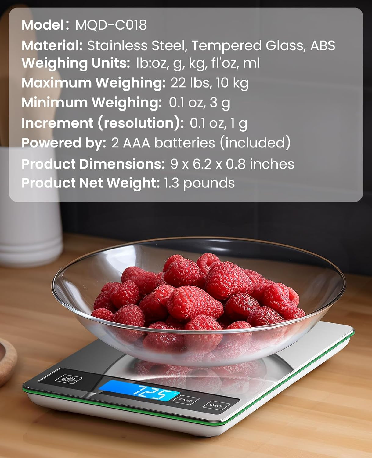Food Scale, 22Lb Digital Kitchen Scale Weight Grams and Oz for Cooking Baking, 1G/0.1Oz Precise Graduation, Stainless Steel and Tempered Glass (Ash Silver)