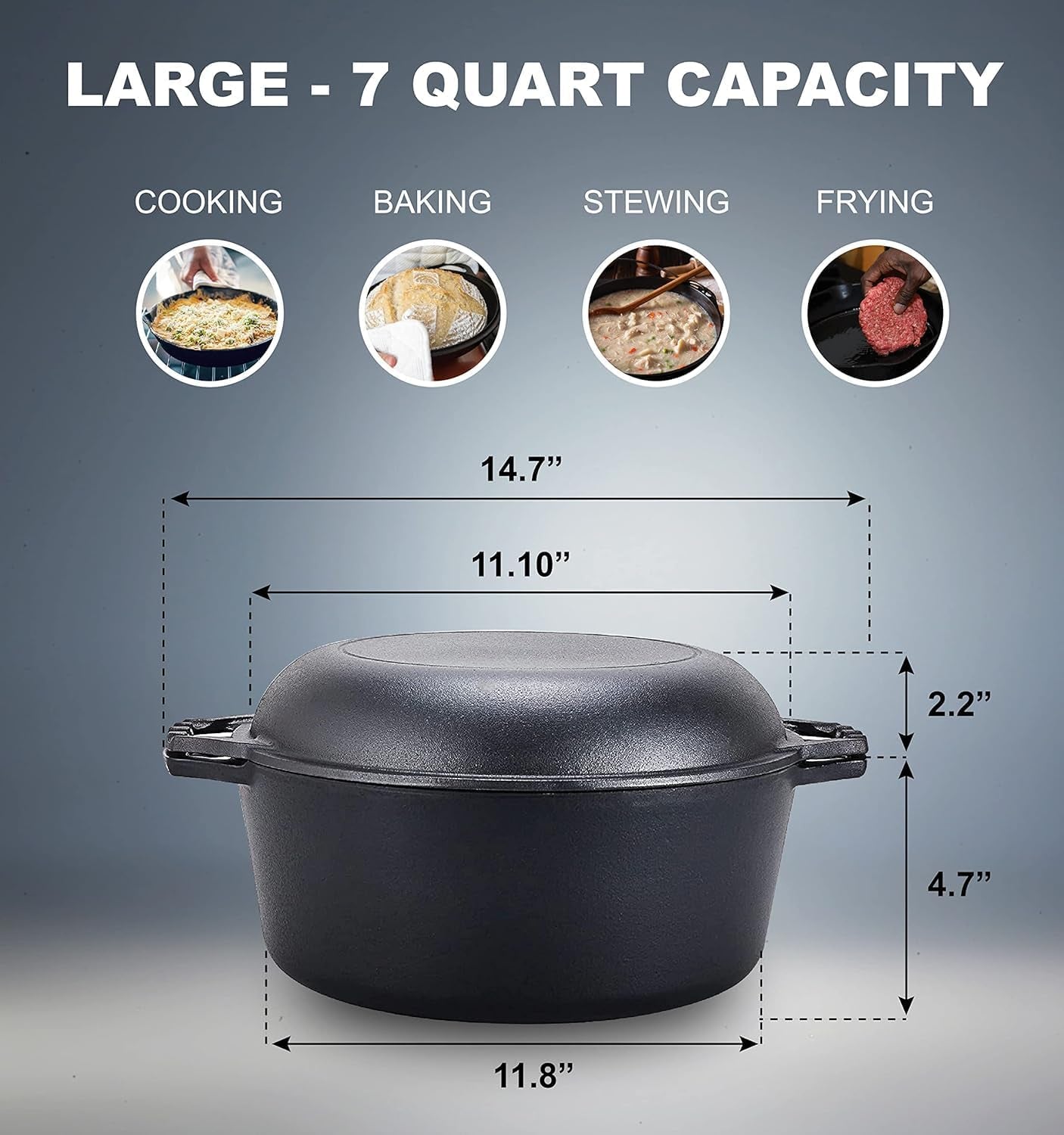 Pre-Seasoned Cast Iron Double Dutch Oven with Skillet Lid - 7 Quart All-In-One Casserole and Braising Pan - Heavy Duty and Oven Safe Black Cookware for Versatile Cooking - 14.7 X 6.9 Inches