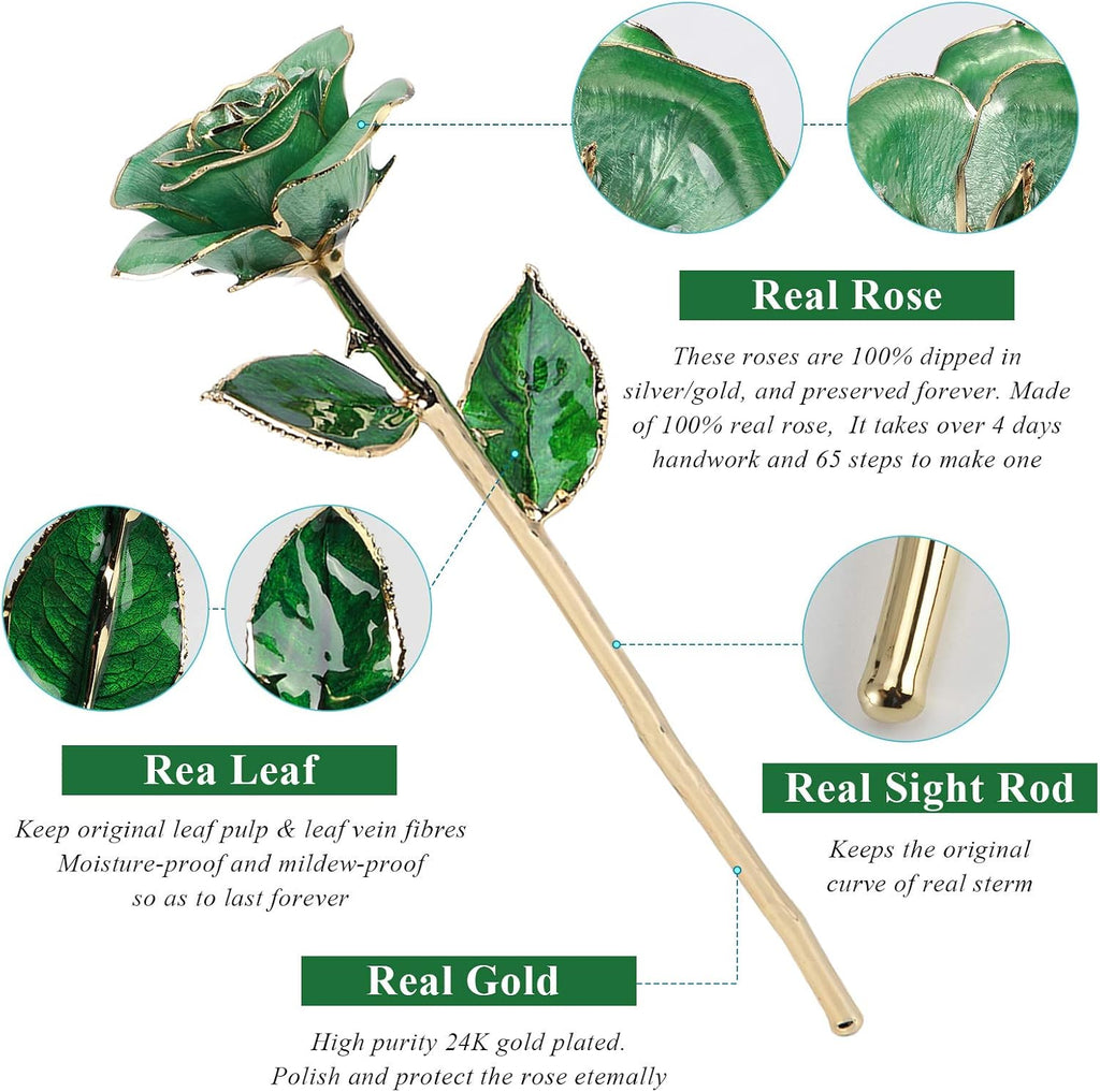 24K Light Green Rose for Her, Dipped Gold Rose Love Real Golden Plated Preserved Forever Flower with Rose Stand Present for Wife/Girlfriend/Lover (Light Green)